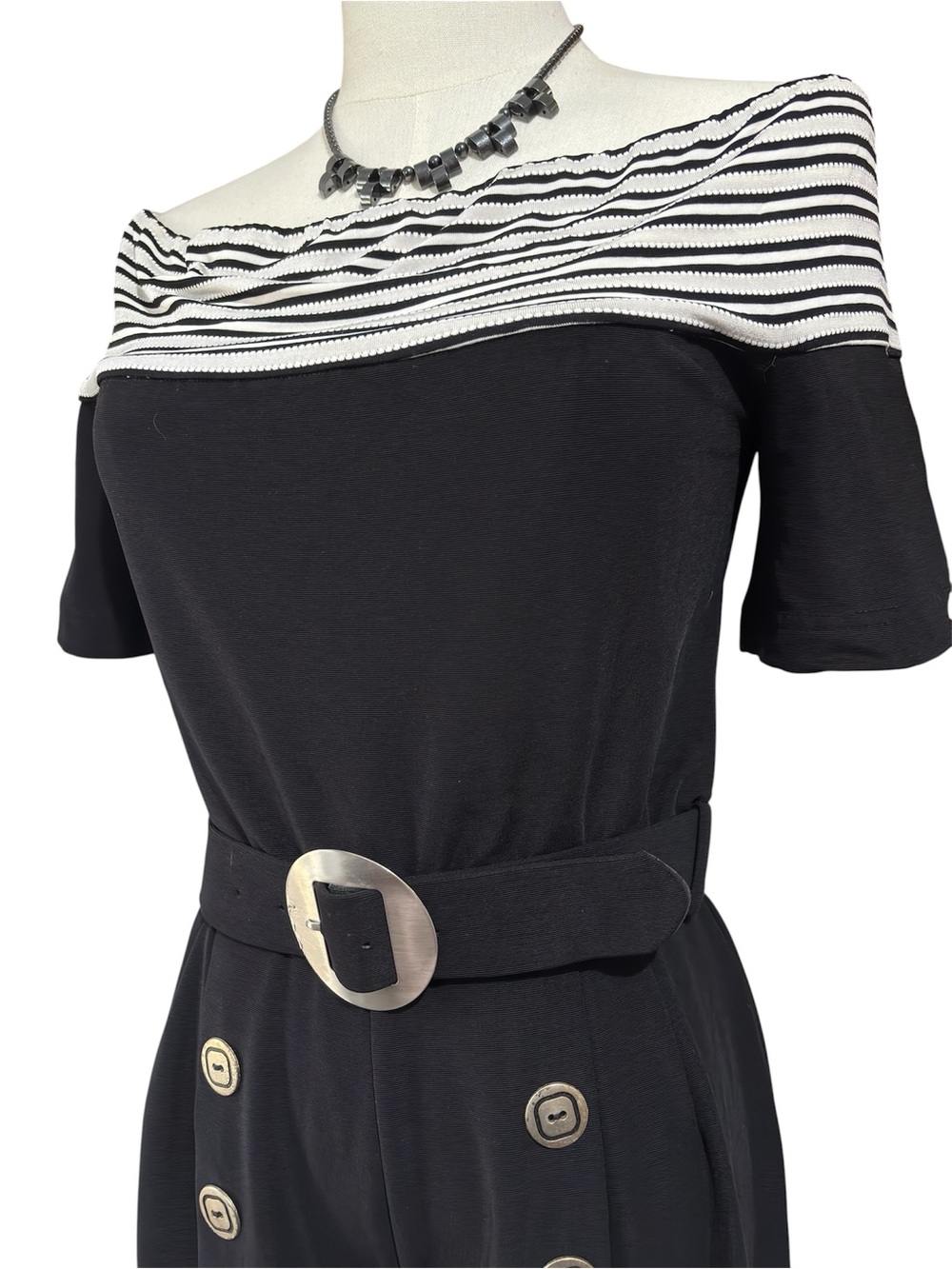 Joseph Ribkoff Wide Leg Jumpsuit 6 Nautical Off Shoulder Quiet Luxury Black - Picture 5 of 12